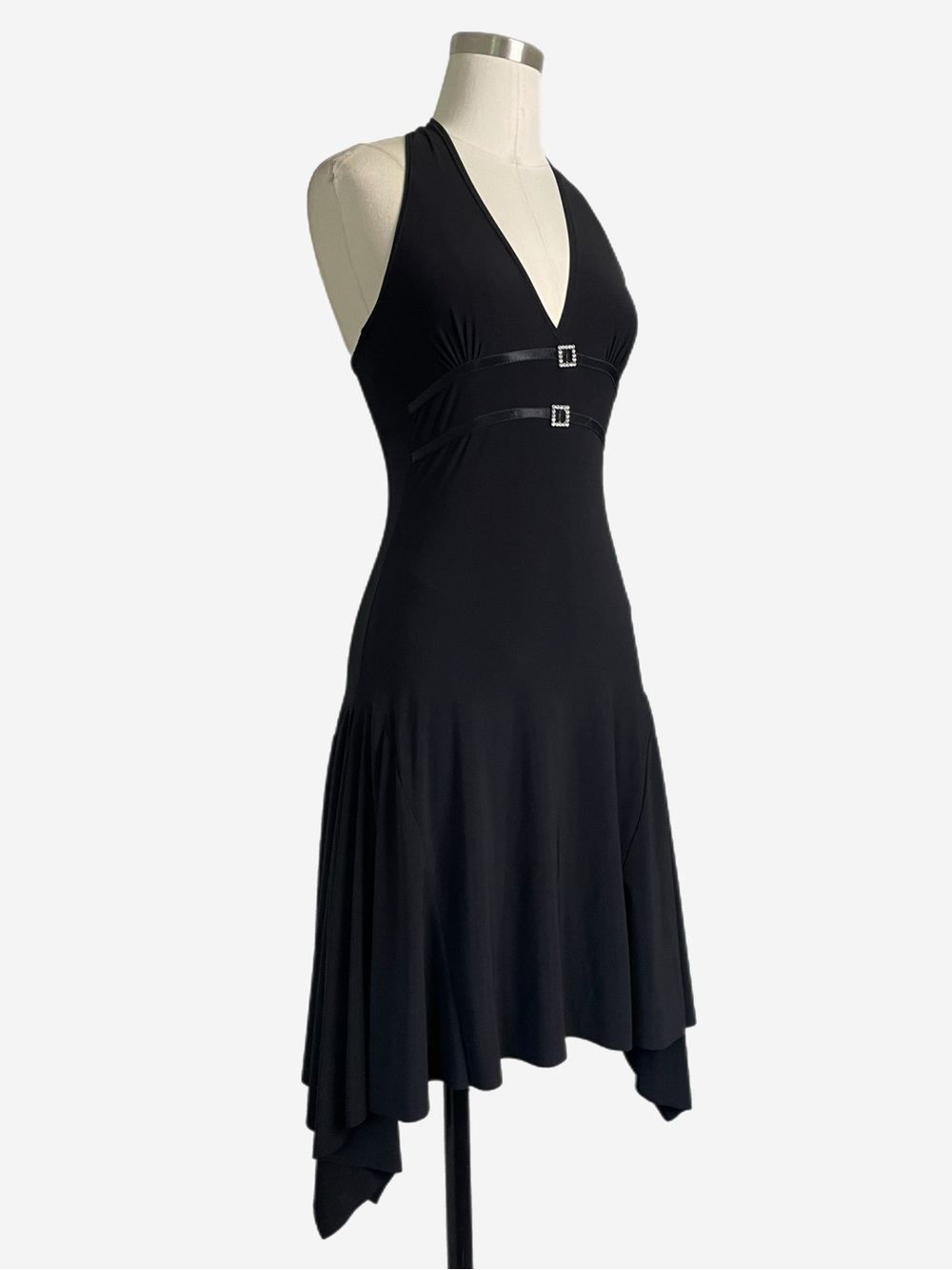 Vintage Y2K Carolina Black asymmetric halter rhinestone midi dress stretch XS - Picture 2 of 10